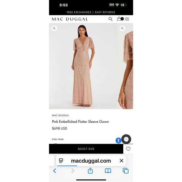 Mac Duggal Embellished Flutter Sleeve Wedding Guest Maxi Gown Nude Size 12 NWT - Picture 11 of 13